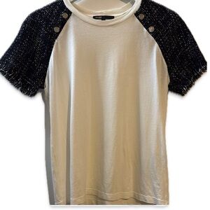 Maje Two-Tone Short Sleeve Tee in Cream with Black Tweed Sleeves